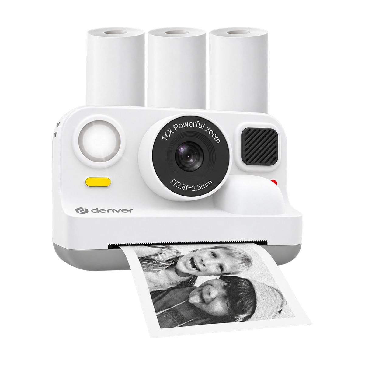 [Wit] Denver KPC1374BT kindercamera met printer in witte, met 3 papierrollen en afgedrukte foto