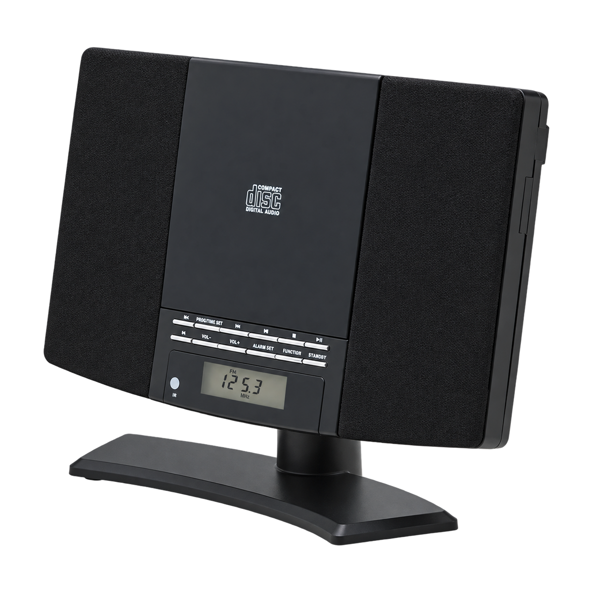 [Zwart] Denver MC5220 FM radio met cd-speler voor wandmontage, in zwart op de standaard, schuin vooraanzicht