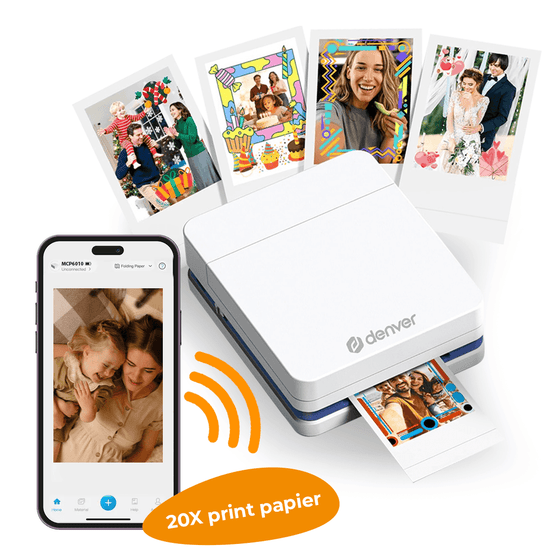 Denver Pocket Printer - Mobiele fotoprinter - Papier/Sticker/Magneet/Tattoo/Warmtepers printer - Incl. 20 printvellen - Bluetooth - MCP6010