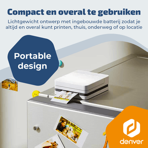 Denver Pocket Printer - Mobiele fotoprinter - Papier/Sticker/Magneet/Tattoo/Warmtepers printer - Incl. 20 printvellen - Bluetooth - MCP6010