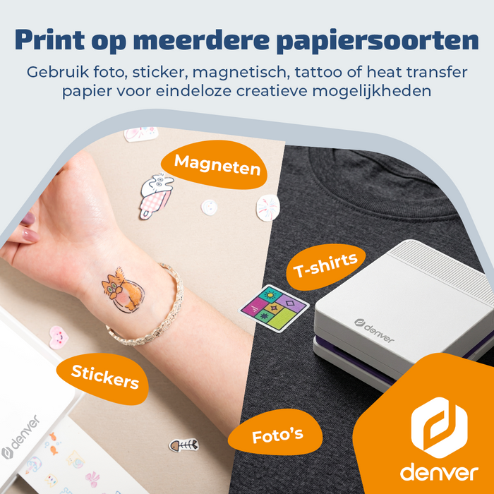 Denver Pocket Printer - Mobiele fotoprinter - Papier/Sticker/Magneet/Tattoo/Warmtepers printer - Incl. 20 printvellen - Bluetooth - MCP6010