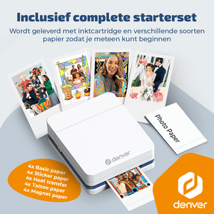 Denver Pocket Printer - Mobiele fotoprinter - Papier/Sticker/Magneet/Tattoo/Warmtepers printer - Incl. 20 printvellen - Bluetooth - MCP6010