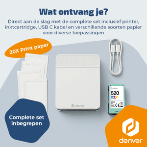 Denver Pocket Printer - Mobiele fotoprinter - Papier/Sticker/Magneet/Tattoo/Warmtepers printer - Incl. 20 printvellen - Bluetooth - MCP6010