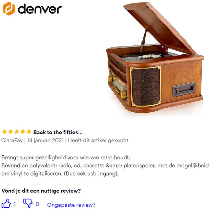 Denver Retro Platenspeler - FM Radio - CD Speler - Cassette - MCR50
