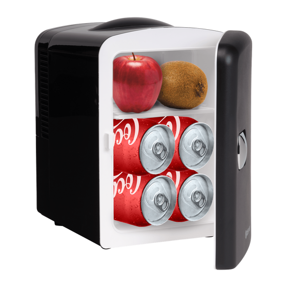 Denver MFR401 mini-koelkast met geopende deur, gevuld met appel, kiwi en blikjes cola