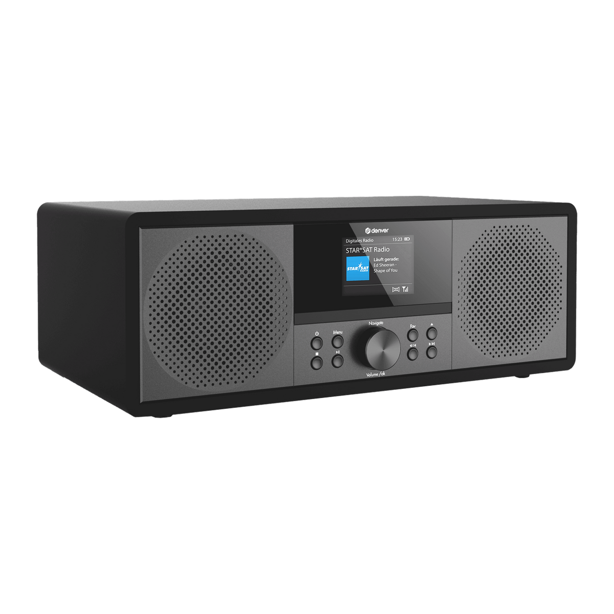 [Zwart] Denver MIR270 internetradio, schuin vooraanzicht met kleurendisplay en twee speakers