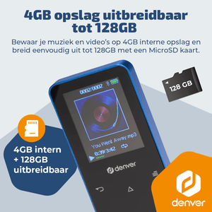 Denver MP3/MP4 Speler - Bluetooth - Shuffle/Repeat - SD kaart tot 128GB - Incl. oordopjes - Dictafoon - MP1830