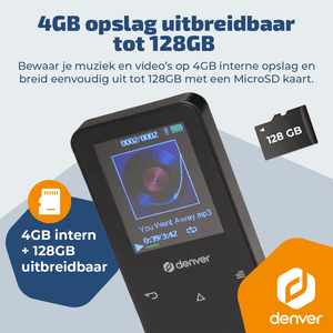 Denver MP3/MP4 Speler - Bluetooth - Shuffle/Repeat - SD kaart tot 128GB - Incl. oordopjes - Dictafoon - MP1830