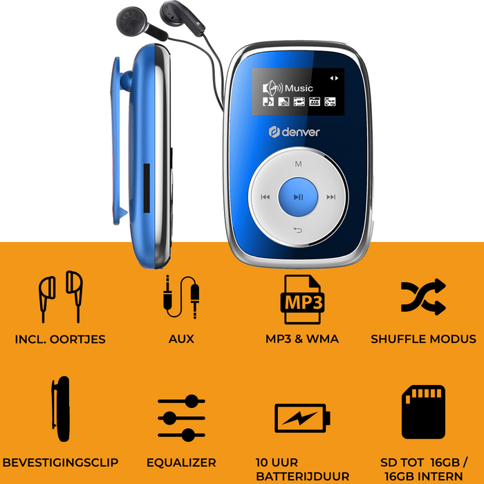 Denver MP3 Speler Incl. Oordopjes - uitbreidbaar tot 32GB - Shuffle modus - Kinderen & Volwassenen - Bevestigingsclip - AUX - MicroSD - MPS316