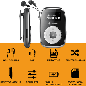 Denver MP3 Speler Incl. Oordopjes - uitbreidbaar tot 32GB - Shuffle modus - Kinderen & Volwassenen - Bevestigingsclip - AUX - MicroSD - MPS316