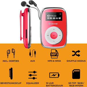 Denver MP3 Speler Incl. Oordopjes - uitbreidbaar tot 32GB - Shuffle modus - Kinderen & Volwassenen - Bevestigingsclip - AUX - MicroSD - MPS316
