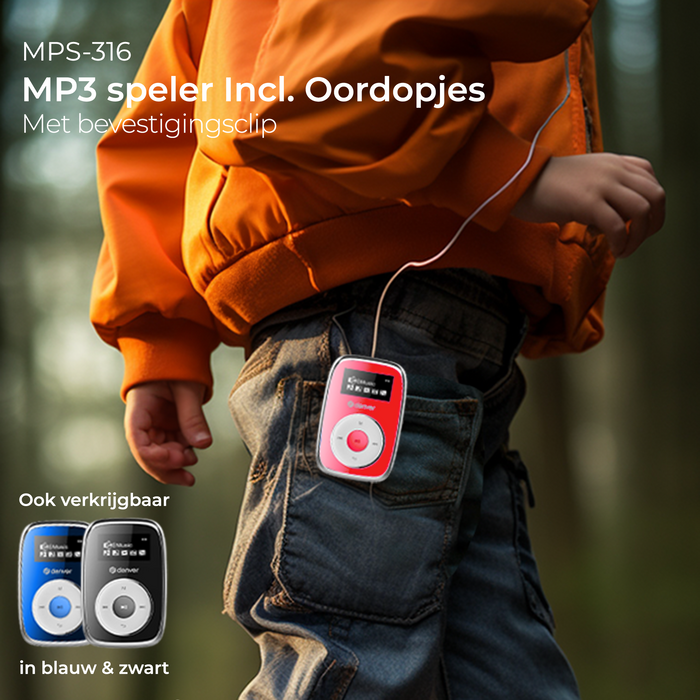 Denver MP3 Speler Incl. Oordopjes - uitbreidbaar tot 32GB - Shuffle modus - Kinderen & Volwassenen - Bevestigingsclip - AUX - MicroSD - MPS316