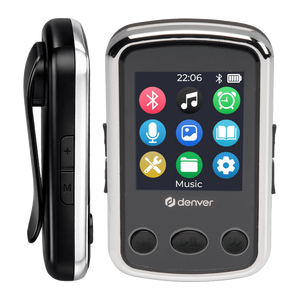 Denver MPS320 mp3-speler met clip aan de zijkant en kleurrijk touchscreen, vooraanzicht