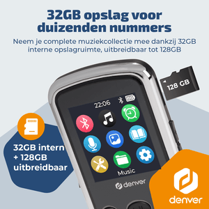 Denver MP3 Speler Incl oordopjes - Uitbreidbaar tot 128GB - Shuffle/Repeat Modus - Kinderen en volwassenen - Bevestigingsclip - AUX - MPS320B