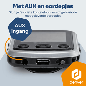 Denver MP3 Speler Incl oordopjes - Uitbreidbaar tot 128GB - Shuffle/Repeat Modus - Kinderen en volwassenen - Bevestigingsclip - AUX - MPS320B