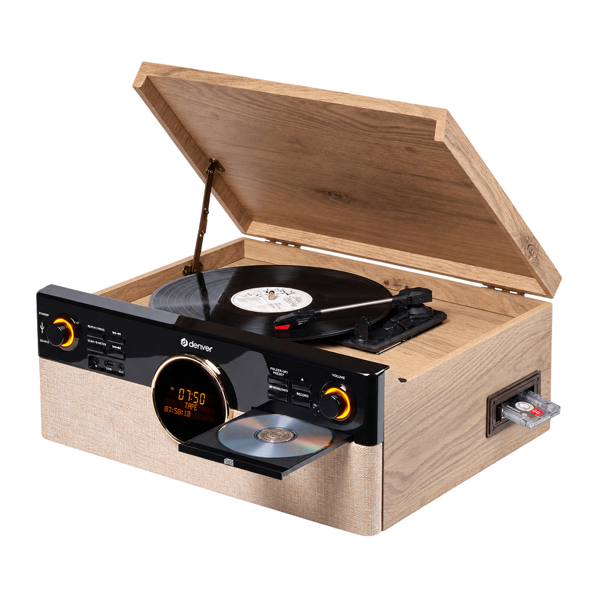[Lightwood] Denver MRD180 retro platenspeler in lichthout met open deksel, cd en cassette