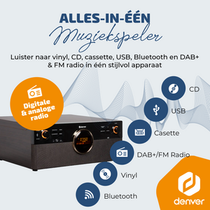 Denver Retro Platenspeler - DAB+/FM Radio - CD - Cassette - Bluetooth - Auto stop - MRD180