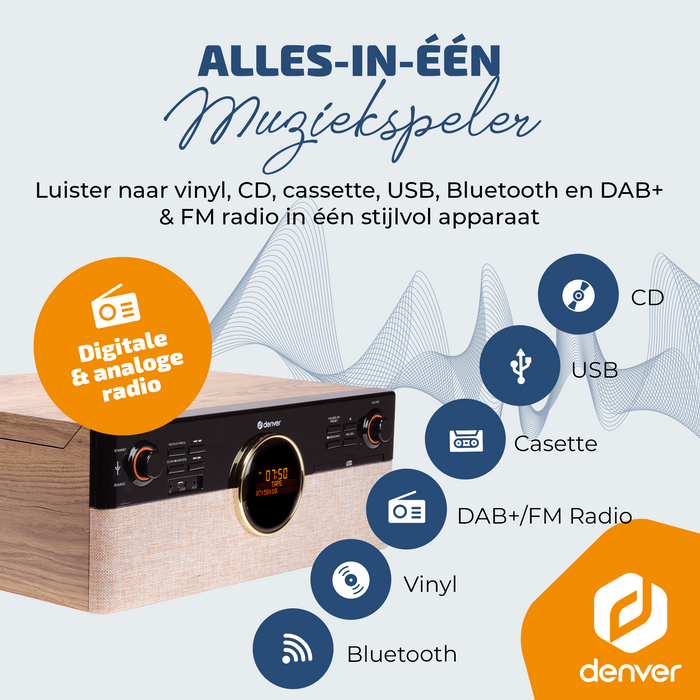 Denver Retro Platenspeler - DAB+/FM Radio - CD - Cassette - Bluetooth - Auto stop - MRD180