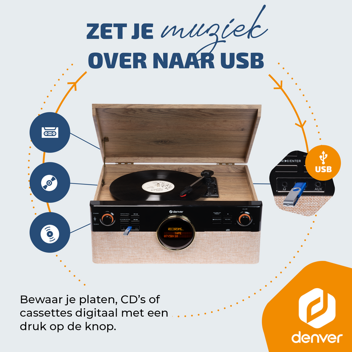 Denver Retro Platenspeler - Radio - CD - Cassette - Bluetooth - Auto stop - MRD180 - Denvershop