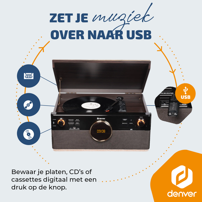 Denver Retro Platenspeler - DAB+/FM Radio - CD - Cassette - Bluetooth - Auto stop - MRD180
