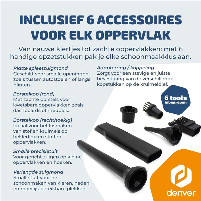 Denver Stofzuiger - Kruimeldief - 6 opzetstukken - Zuigen en blazen - Handstofzuiger - HVC45