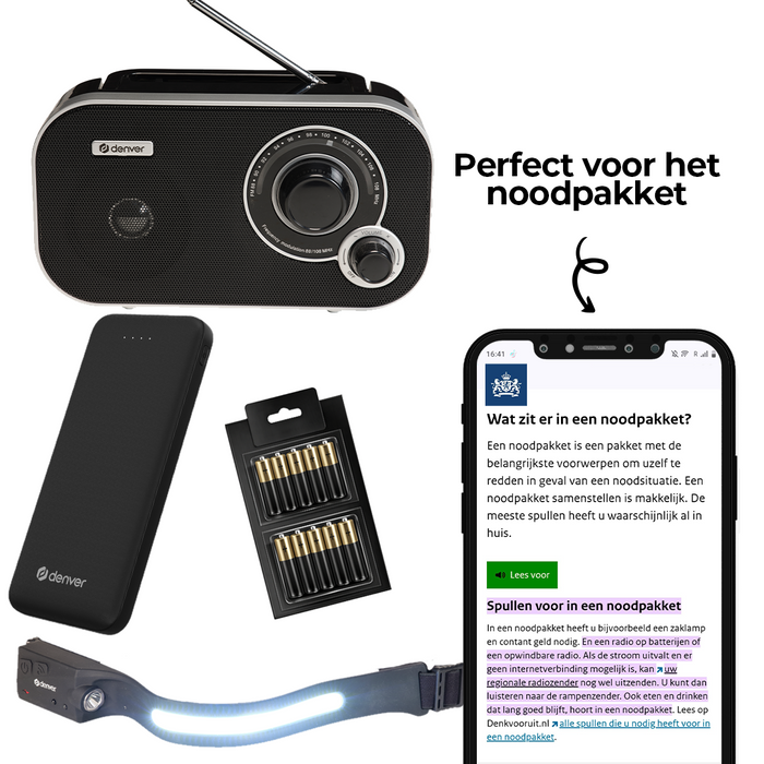 Denver Noodpakket - Communicatie - Noodradio - Powerbank - Hoofdlamp - 10x AA-batterijen - NDCMPKT25