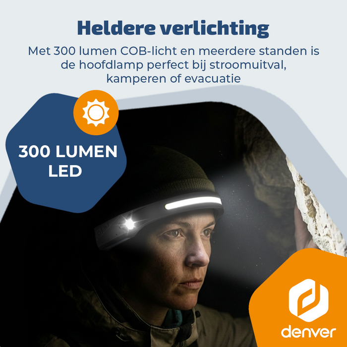 Hoofdlamp met verstelbare band en heldere LED-lichtbron uit het Denver noodpakket