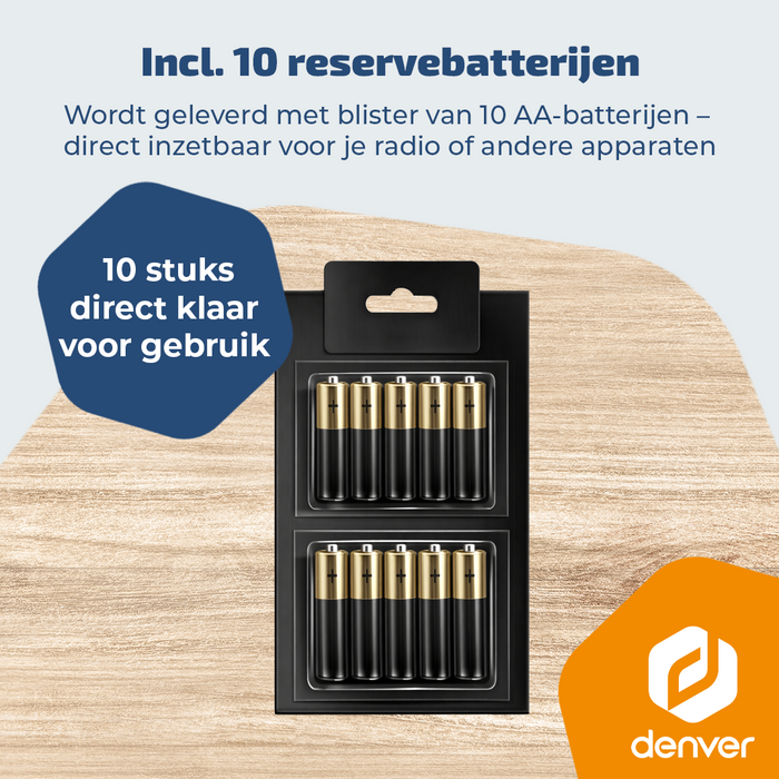 Set van 10 AA-batterijen inbegrepen bij het Denver noodpakket