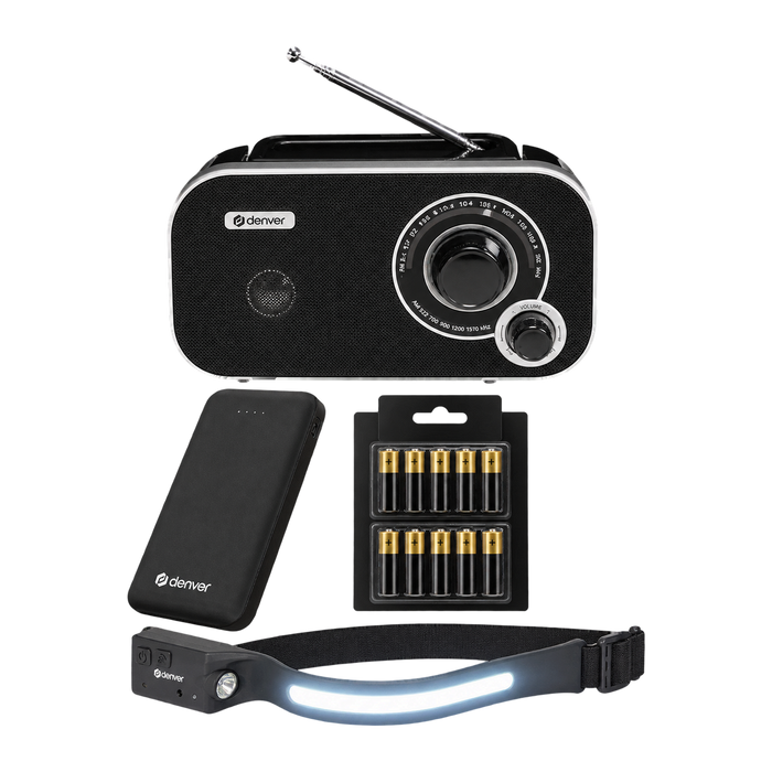 Denver NDCMPKT25 noodpakket met radio, powerbank, 10 batterijen en hoofdlamp