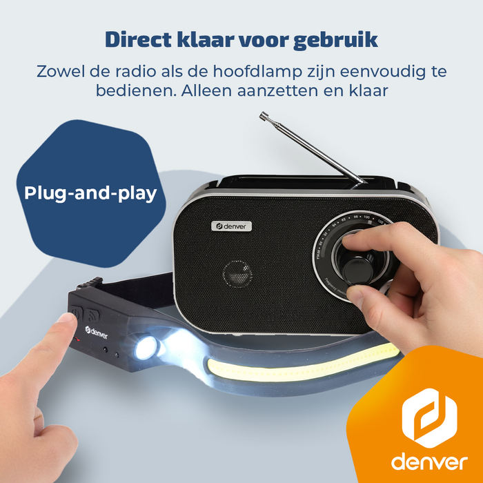 Denver draagbare draadloze radio en hoofdlamp