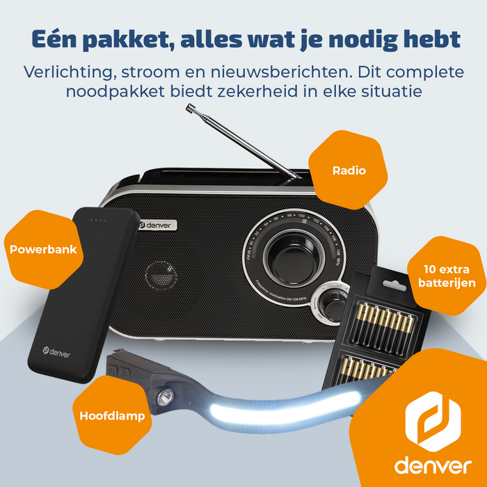 Denver noodpakket set met FM-radio, powerbank, hoofdlamp en batterijen