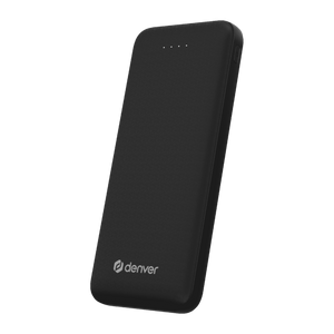 Zwarte Denver PBS10010 powerbank van 10.000 mAh, schuin vooraanzicht