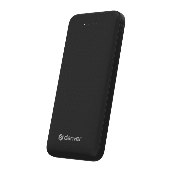 Zwarte Denver PBS10010 powerbank van 10.000 mAh, schuin vooraanzicht