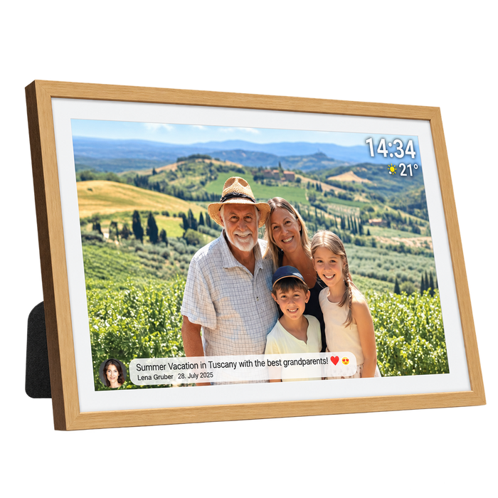 Denver digitale fotolijst 32 inch in lichte houtlook · Full HD en Frameo