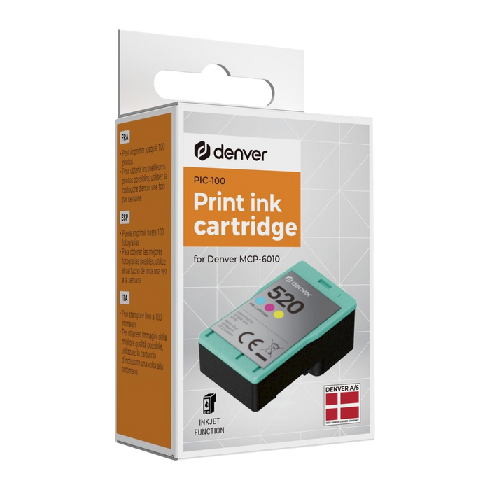 Denver PIC100 inktcartridge voor de Denver MCP6010 fotoprinter, verpakking met kleurencartridge