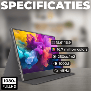 Denver Portable Monitor - Full HD - 15.6" - Draagbare Monitor - Lederen Hoes - HDMI - USB-C - PMO15604