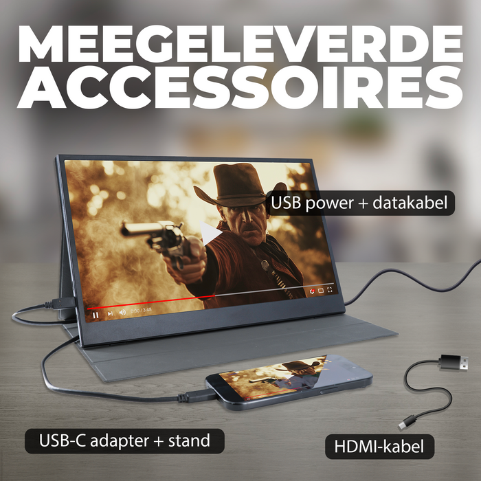 Denver Portable Monitor - Full HD - 15.6" - Draagbare Monitor - Lederen Hoes - HDMI - USB-C - PMO15604