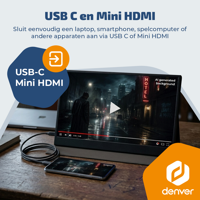 Denver Portable Monitor - Full HD - 18.5" - Draagbare Monitor - Lederen Hoes - HDMI - USB-C - PMO18501