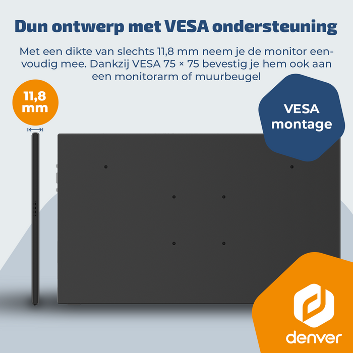Denver Portable Monitor - Full HD - 18.5" - Draagbare Monitor - Lederen Hoes - HDMI - USB-C - PMO18501