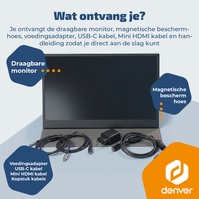 Denver Portable Monitor - Full HD - 18.5" - Draagbare Monitor - Lederen Hoes - HDMI - USB-C - PMO18501