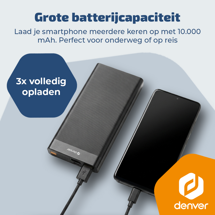 Denver Powerbank - 10000mAh - 22.5W Snelladen - Led Indicatie - Noodpakket - PQC10008