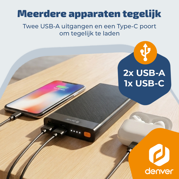Denver Powerbank - 10000mAh - 22.5W Snelladen - Led Indicatie - Noodpakket - PQC10008