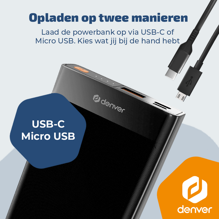 Denver Powerbank - 10000mAh - 22.5W Snelladen - Led Indicatie - Noodpakket - PQC10008