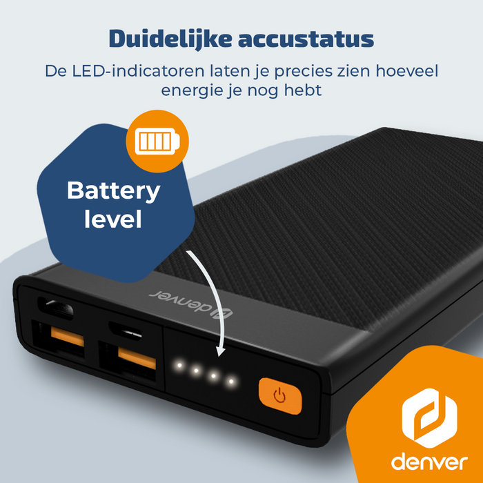Denver Powerbank - 10000mAh - 22.5W Snelladen - Led Indicatie - Noodpakket - PQC10008