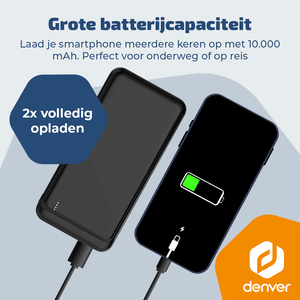 Denver Powerbank 10000 mAh - Met batterij indicator - Snelladen Power Delivery 22.5W - USB A/C - Micro USB - Universele Powerbank - PQC10009