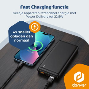 Denver Powerbank 10000 mAh - Met batterij indicator - Snelladen Power Delivery 22.5W - USB A/C - Micro USB - Universele Powerbank - PQC10009