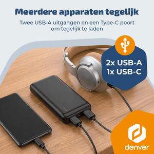 Denver Powerbank 10000 mAh - Met batterij indicator - Snelladen Power Delivery 22.5W - USB A/C - Micro USB - Universele Powerbank - PQC10009