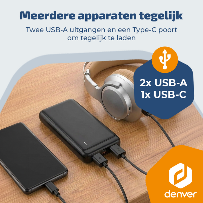 Denver Powerbank 10000 mAh - Met batterij indicator - Snelladen Power Delivery 22.5W - USB A/C - Micro USB - Universele Powerbank - PQC10009