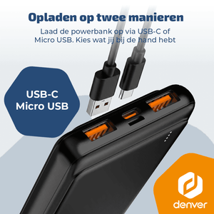 Denver Powerbank 10000 mAh - Met batterij indicator - Snelladen Power Delivery 22.5W - USB A/C - Micro USB - Universele Powerbank - PQC10009
