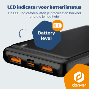 Denver Powerbank 10000 mAh - Met batterij indicator - Snelladen Power Delivery 22.5W - USB A/C - Micro USB - Universele Powerbank - PQC10009